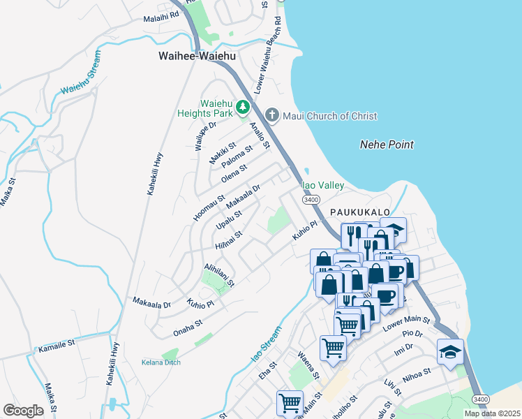 map of restaurants, bars, coffee shops, grocery stores, and more near 680 Hilinai Street in Wailuku