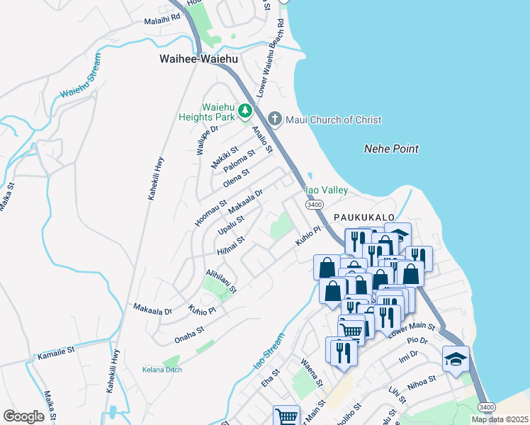 map of restaurants, bars, coffee shops, grocery stores, and more near 682 Hilinai Street in Wailuku