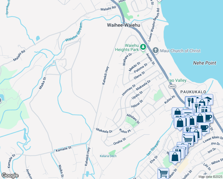 map of restaurants, bars, coffee shops, grocery stores, and more near 916 Haunani Place in Wailuku