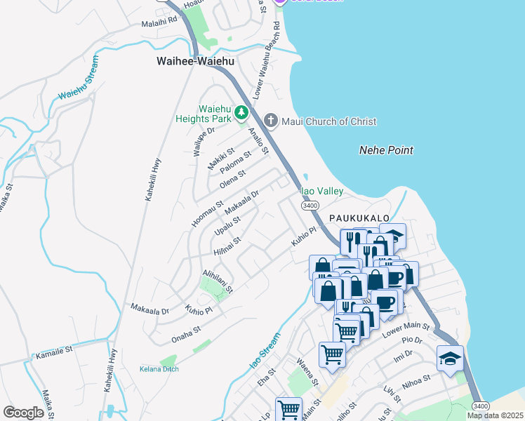 map of restaurants, bars, coffee shops, grocery stores, and more near 684 Hilinai Street in Wailuku