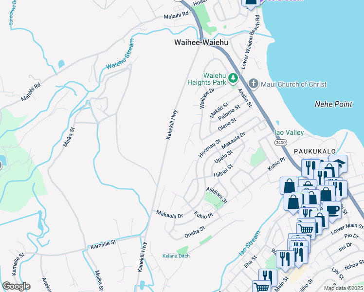 map of restaurants, bars, coffee shops, grocery stores, and more near 916 Haunani Place in Wailuku