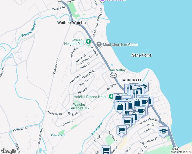 map of restaurants, bars, coffee shops, grocery stores, and more near 684 Hilinai Street in Wailuku