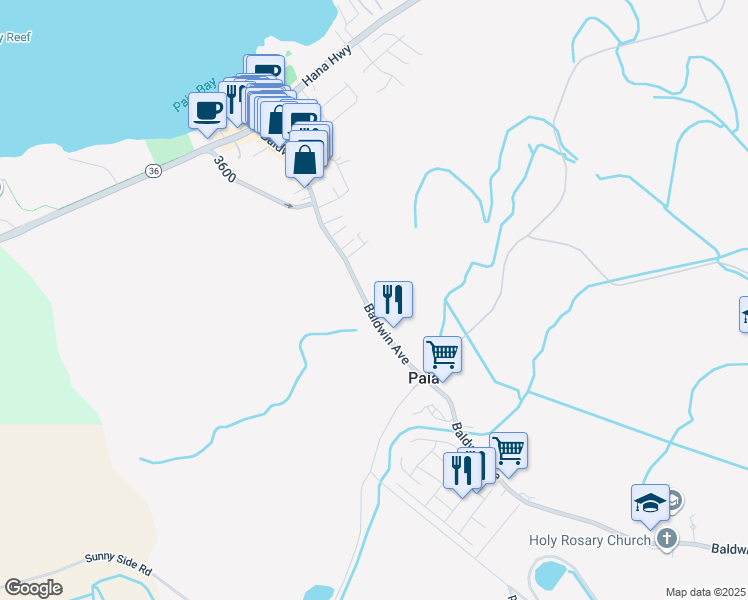 map of restaurants, bars, coffee shops, grocery stores, and more near 45 Puakou Place in Paia