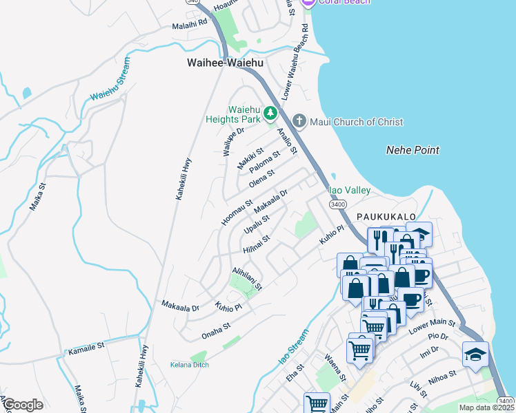 map of restaurants, bars, coffee shops, grocery stores, and more near 850 Makaala Drive in Wailuku