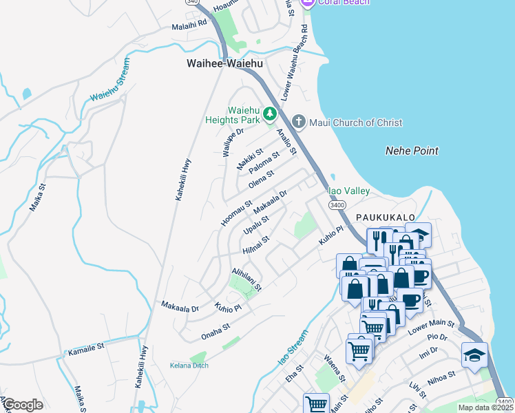 map of restaurants, bars, coffee shops, grocery stores, and more near 850 Makaala Drive in Wailuku
