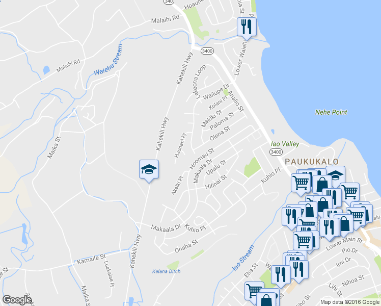 map of restaurants, bars, coffee shops, grocery stores, and more near 950 Wailupe Drive in Wailuku