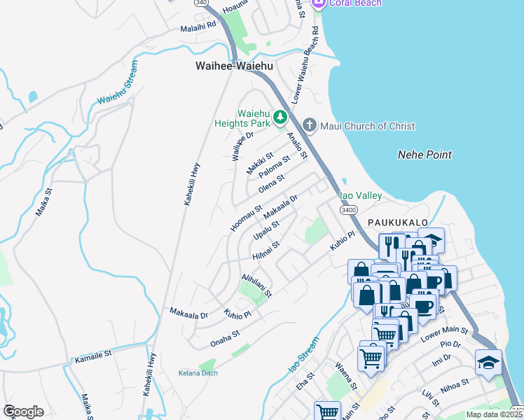 map of restaurants, bars, coffee shops, grocery stores, and more near 849 Hoomau Street in Wailuku