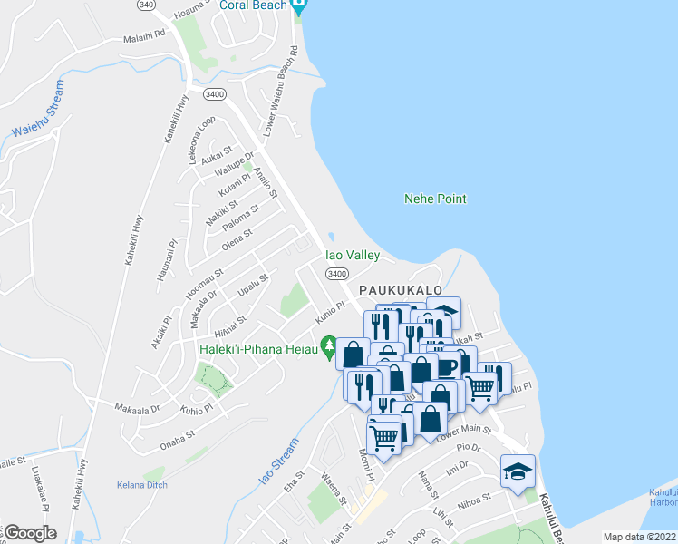 map of restaurants, bars, coffee shops, grocery stores, and more near 628 Hawaii 340 in Wailuku