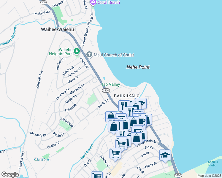 map of restaurants, bars, coffee shops, grocery stores, and more near 630 Waiehu Beach Road in Wailuku