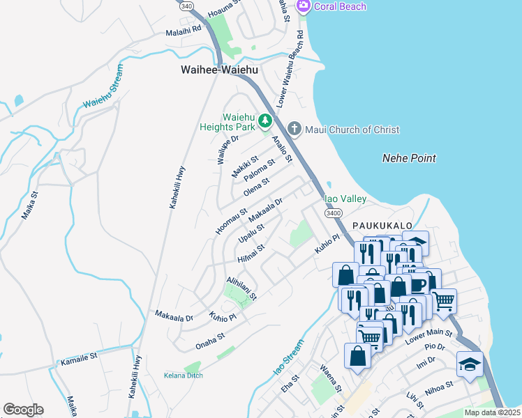 map of restaurants, bars, coffee shops, grocery stores, and more near 828 Makaala Drive in Wailuku