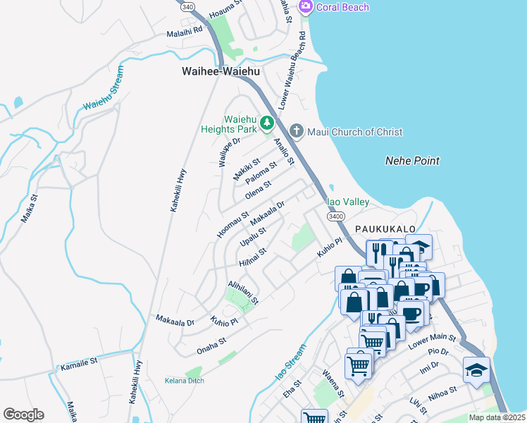 map of restaurants, bars, coffee shops, grocery stores, and more near 828 Makaala Drive in Wailuku