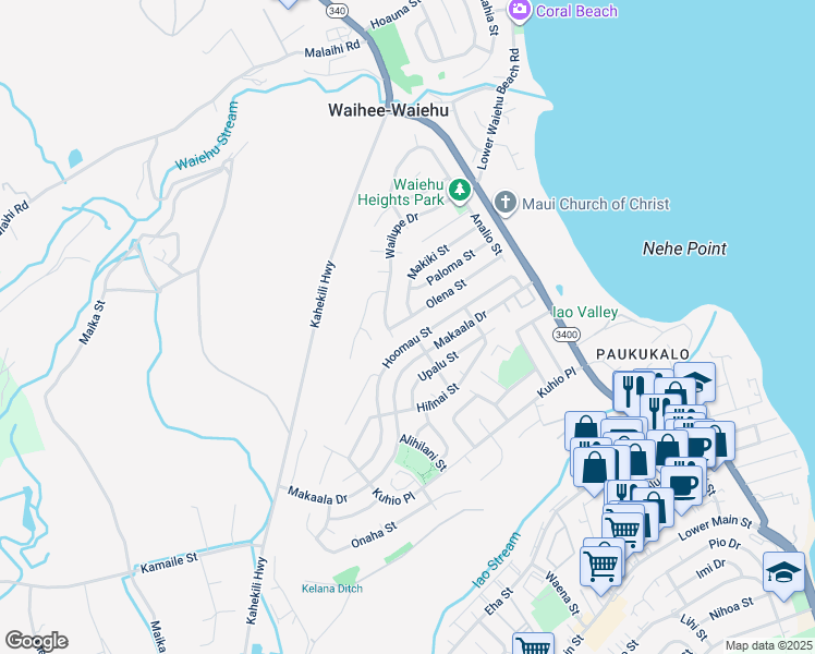 map of restaurants, bars, coffee shops, grocery stores, and more near 875 Olena Street in Wailuku