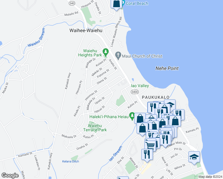 map of restaurants, bars, coffee shops, grocery stores, and more near 795 Makaala Drive in Wailuku
