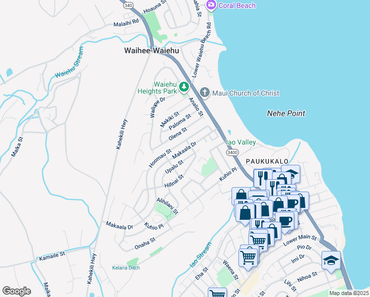 map of restaurants, bars, coffee shops, grocery stores, and more near 818 Makaala Drive in Wailuku