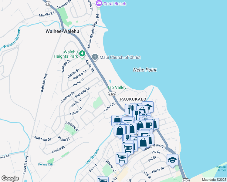 map of restaurants, bars, coffee shops, grocery stores, and more near 634 Waiehu Beach Road in Wailuku