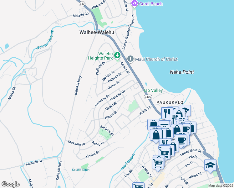 map of restaurants, bars, coffee shops, grocery stores, and more near 818 Makaala Drive in Wailuku