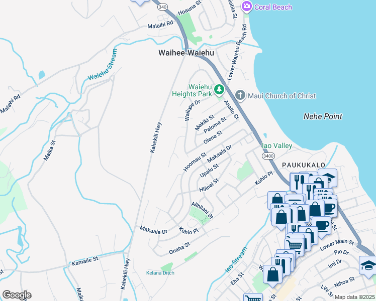 map of restaurants, bars, coffee shops, grocery stores, and more near 890 Olena Street in Wailuku