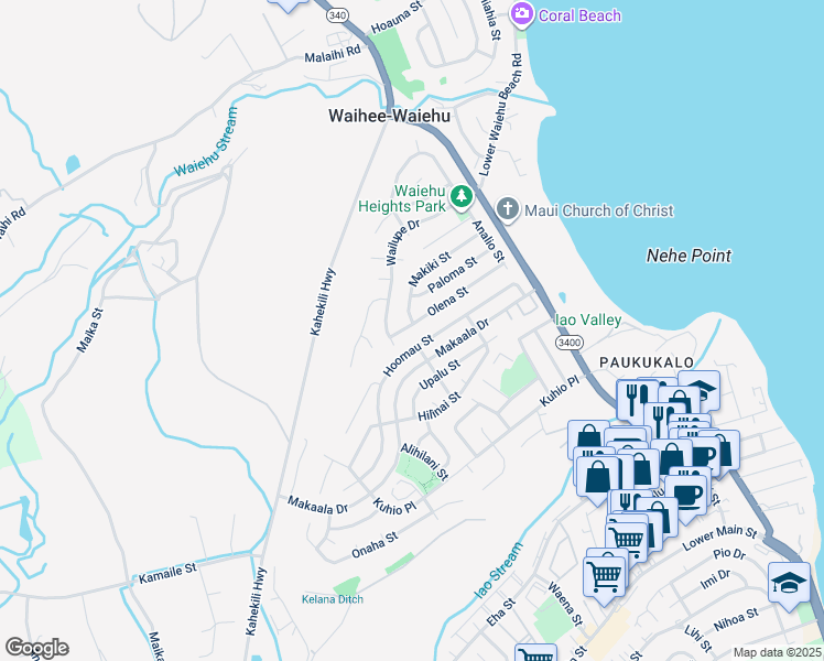 map of restaurants, bars, coffee shops, grocery stores, and more near 869 Olena Street in Wailuku