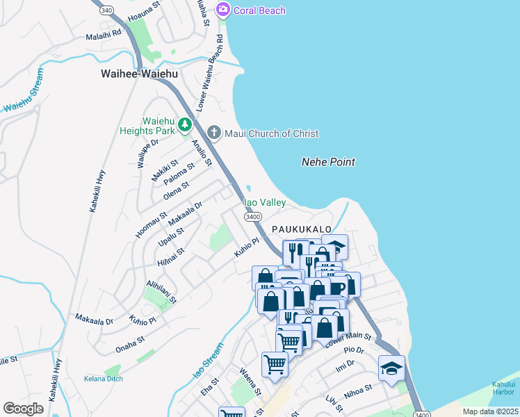 map of restaurants, bars, coffee shops, grocery stores, and more near 634B Waiehu Beach Road in Wailuku