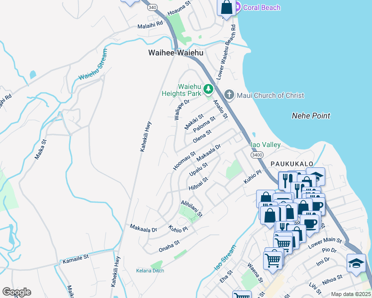 map of restaurants, bars, coffee shops, grocery stores, and more near 869 Olena Street in Wailuku