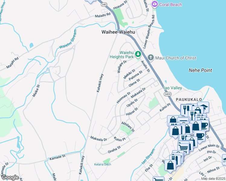 map of restaurants, bars, coffee shops, grocery stores, and more near 885 Haunani Place in Wailuku