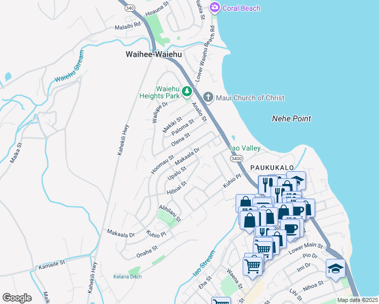 map of restaurants, bars, coffee shops, grocery stores, and more near 808 Makaala Drive in Wailuku