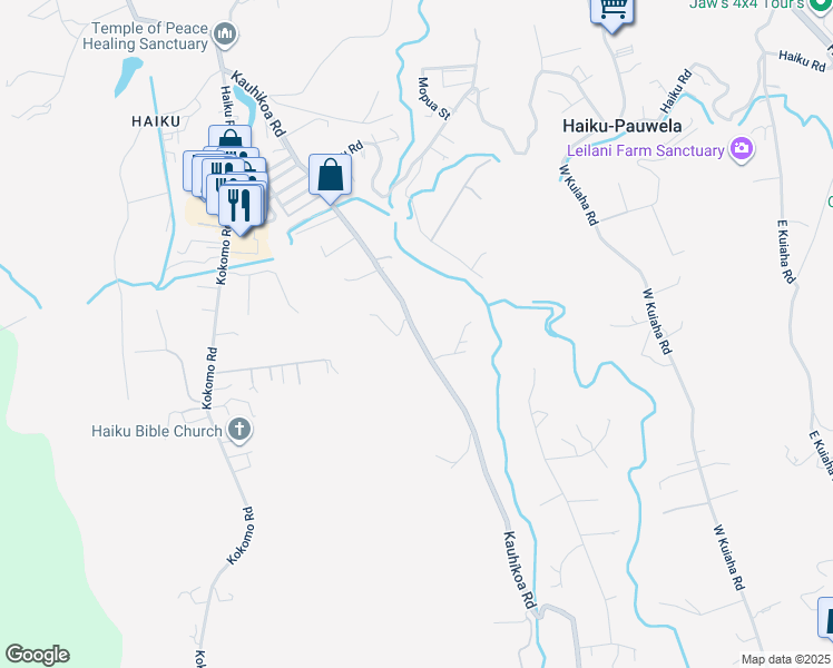 map of restaurants, bars, coffee shops, grocery stores, and more near 1025 Kauhikoa Road in Haiku-Pauwela