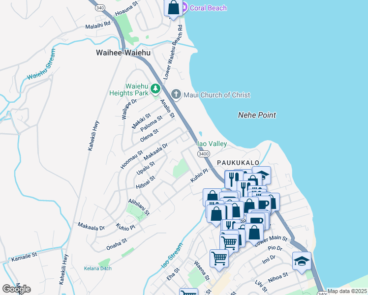 map of restaurants, bars, coffee shops, grocery stores, and more near 740 Kealii Drive in Wailuku