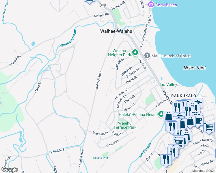 map of restaurants, bars, coffee shops, grocery stores, and more near 880 Haunani Place in Wailuku