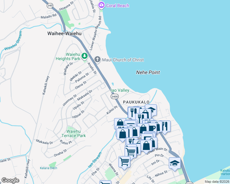 map of restaurants, bars, coffee shops, grocery stores, and more near 646B Waiehu Beach Road in Wailuku