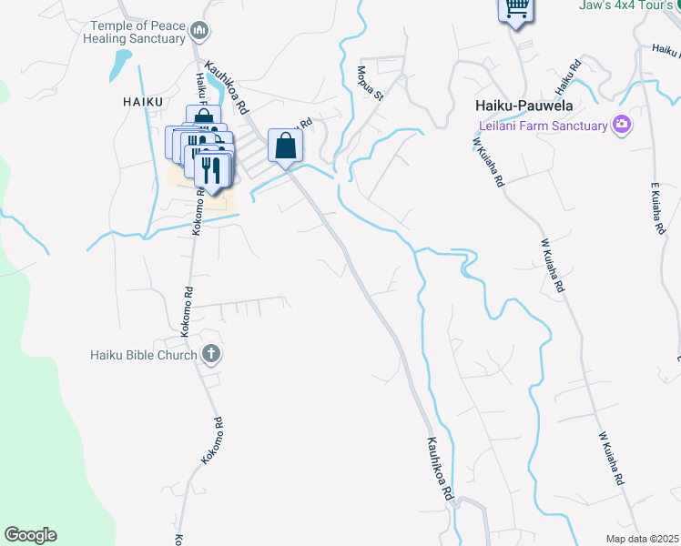 map of restaurants, bars, coffee shops, grocery stores, and more near 1004 Kauhikoa Road in Haiku-Pauwela