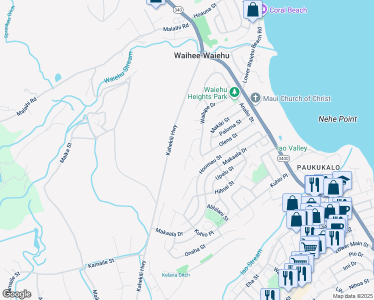 map of restaurants, bars, coffee shops, grocery stores, and more near 880 Haunani Place in Wailuku