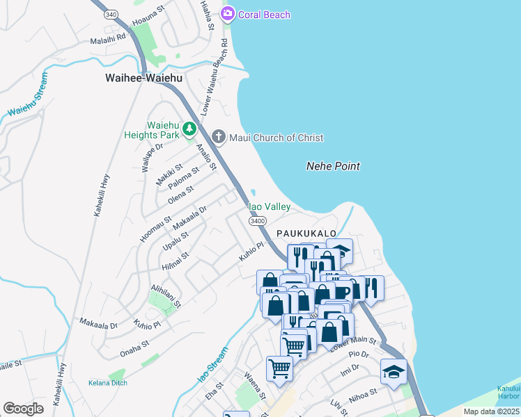 map of restaurants, bars, coffee shops, grocery stores, and more near 646B Waiehu Beach Road in Wailuku