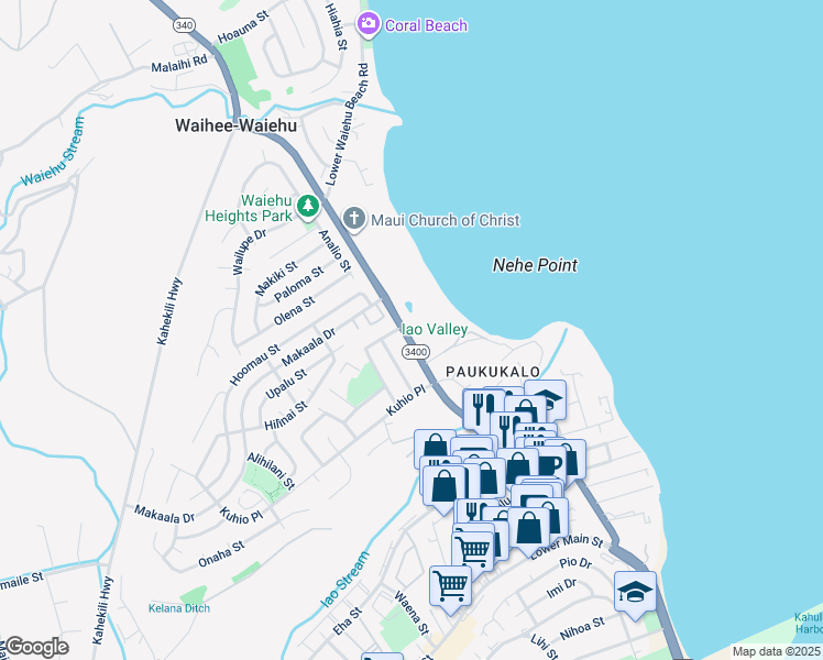 map of restaurants, bars, coffee shops, grocery stores, and more near 658 Waiehu Beach Road in Wailuku