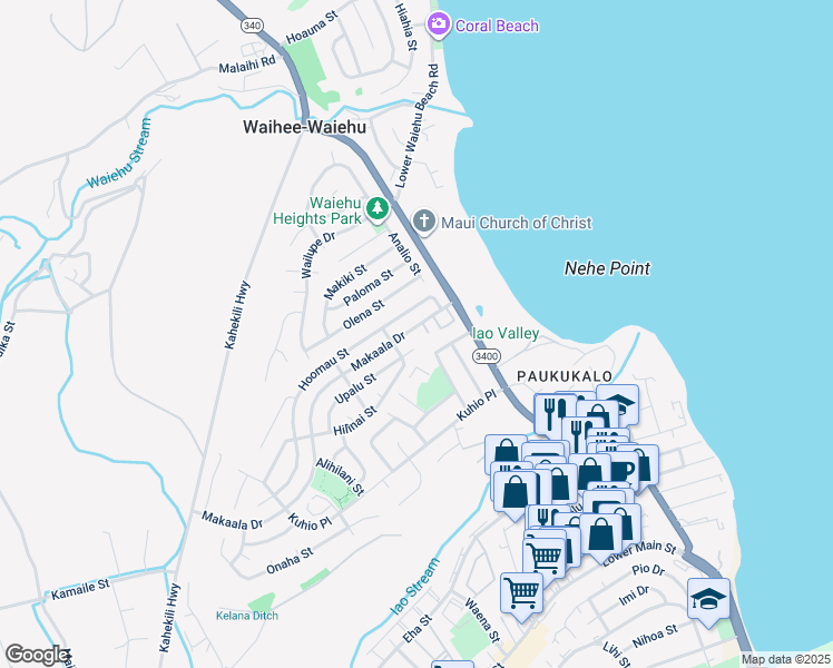 map of restaurants, bars, coffee shops, grocery stores, and more near 769 Makaala Drive in Wailuku