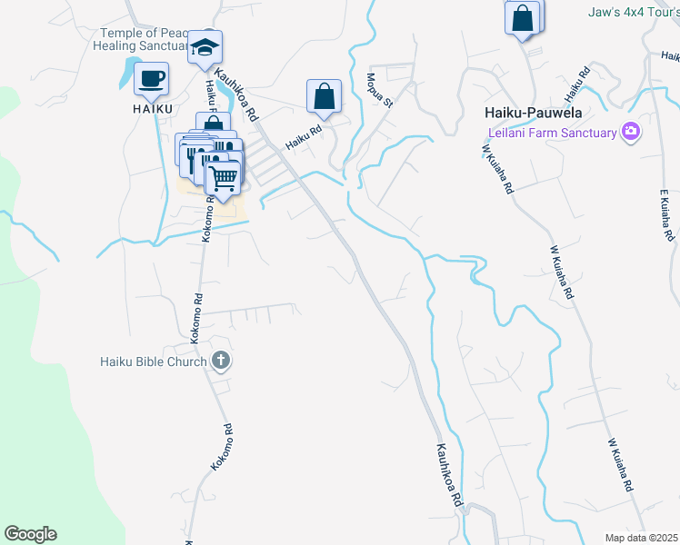 map of restaurants, bars, coffee shops, grocery stores, and more near 1000 Kauhikoa Road in Haiku-Pauwela