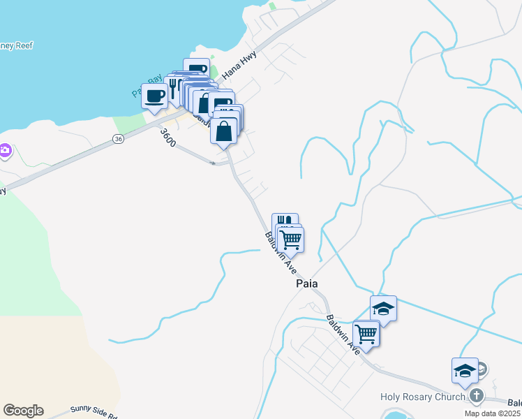 map of restaurants, bars, coffee shops, grocery stores, and more near 279 Baldwin Avenue in Paia