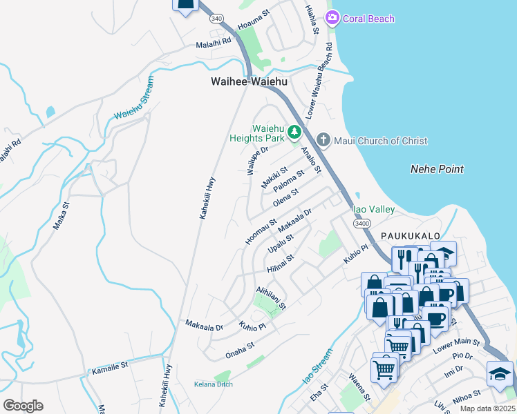 map of restaurants, bars, coffee shops, grocery stores, and more near 853 Olena Street in Wailuku