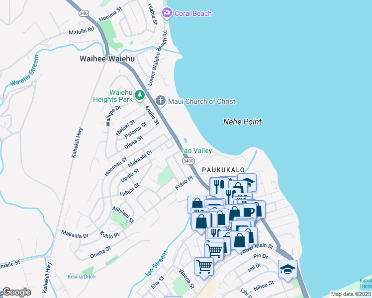 map of restaurants, bars, coffee shops, grocery stores, and more near 658 Waiehu Beach Road in Wailuku
