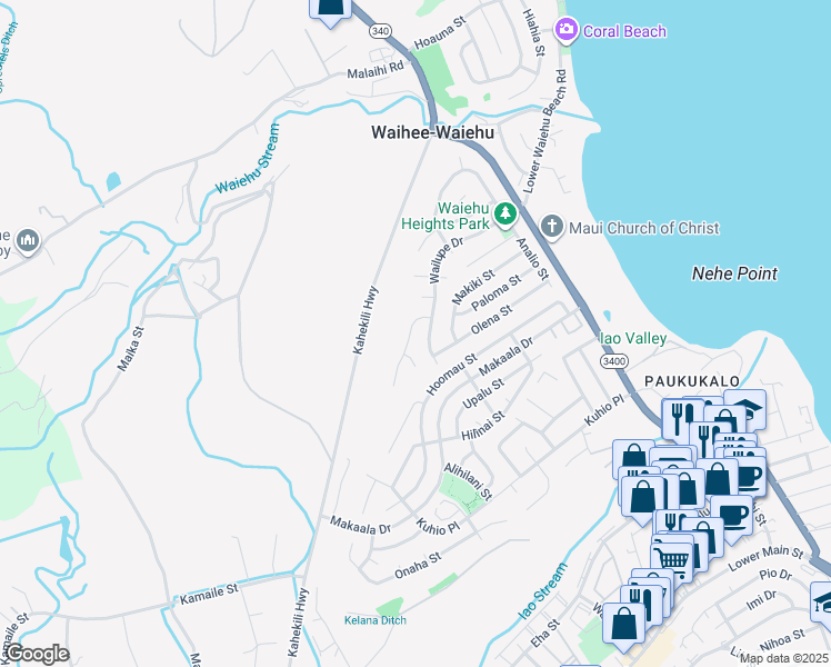 map of restaurants, bars, coffee shops, grocery stores, and more near 871 Haunani Place in Wailuku