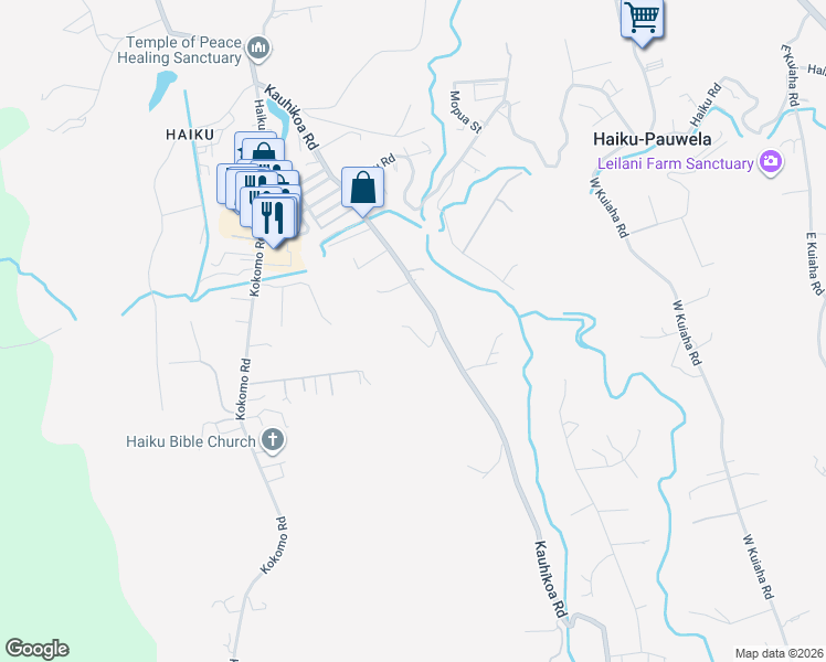 map of restaurants, bars, coffee shops, grocery stores, and more near 1010 Kauhikoa Road in Haiku-Pauwela