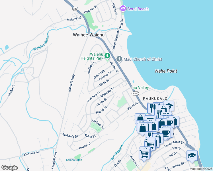 map of restaurants, bars, coffee shops, grocery stores, and more near 804 Hoomau Street in Wailuku