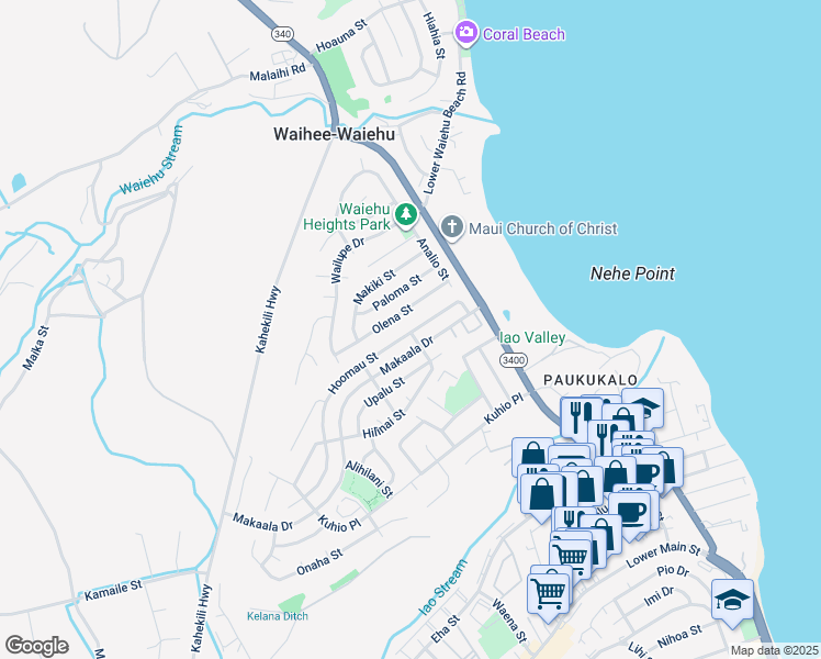 map of restaurants, bars, coffee shops, grocery stores, and more near 800 Hoomau Street in Wailuku