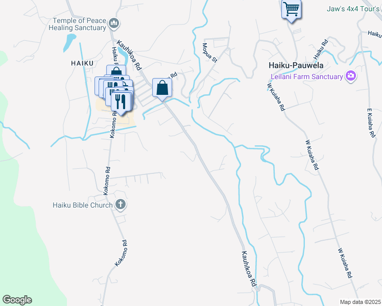 map of restaurants, bars, coffee shops, grocery stores, and more near 998 Kauhikoa Road in Haiku-Pauwela
