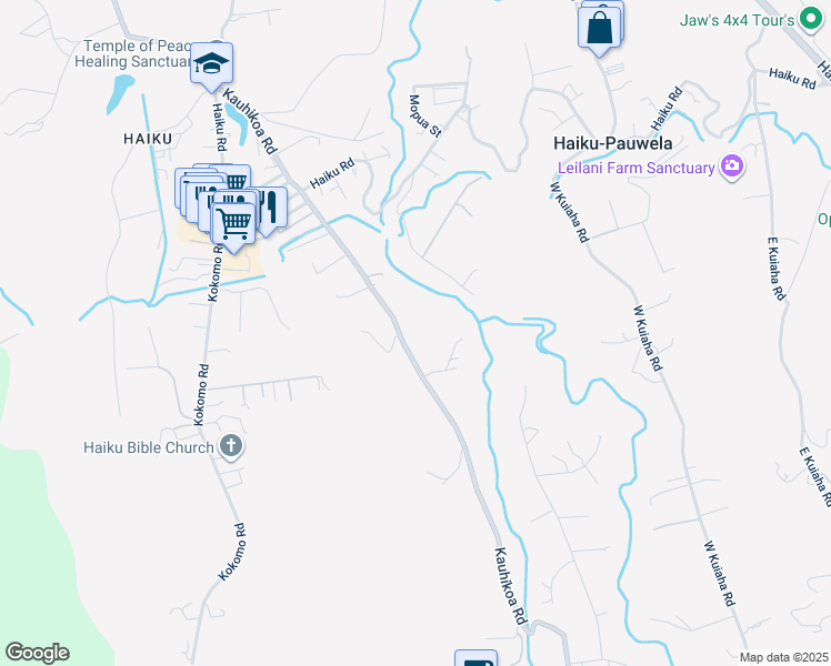 map of restaurants, bars, coffee shops, grocery stores, and more near 1025 Kauhikoa Road in Haiku-Pauwela
