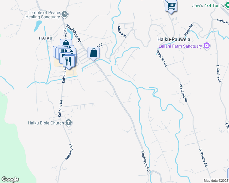 map of restaurants, bars, coffee shops, grocery stores, and more near 998 Kauhikoa Road in Haiku-Pauwela