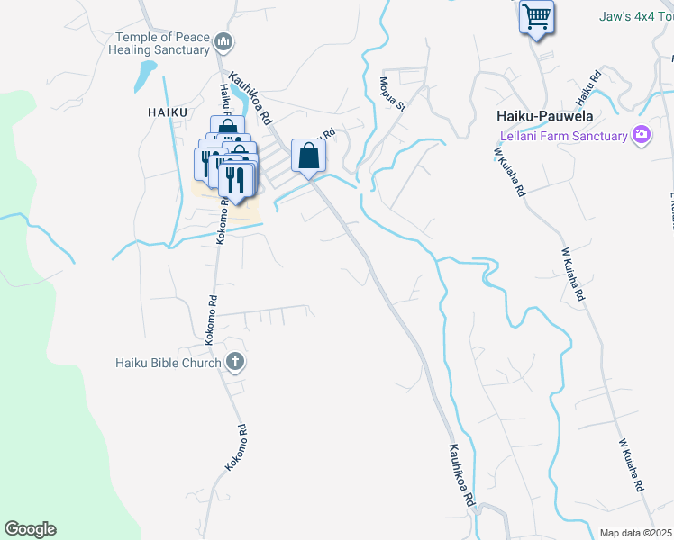 map of restaurants, bars, coffee shops, grocery stores, and more near 1004 Kauhikoa Road in Haiku-Pauwela