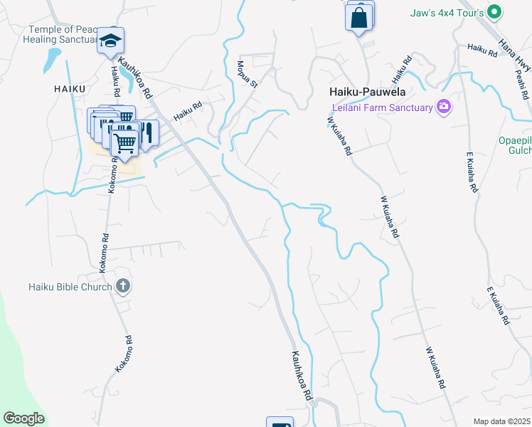 map of restaurants, bars, coffee shops, grocery stores, and more near 1047 Kauhikoa Road in Haiku-Pauwela