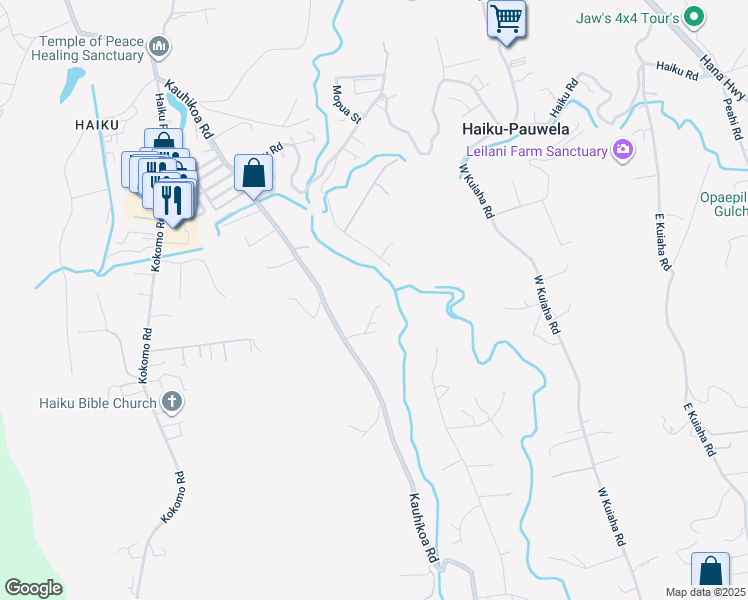 map of restaurants, bars, coffee shops, grocery stores, and more near 1047 Kauhikoa Road in Haiku-Pauwela