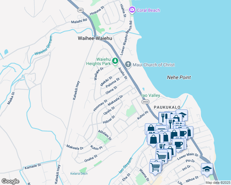 map of restaurants, bars, coffee shops, grocery stores, and more near 800 Hoomau Street in Wailuku